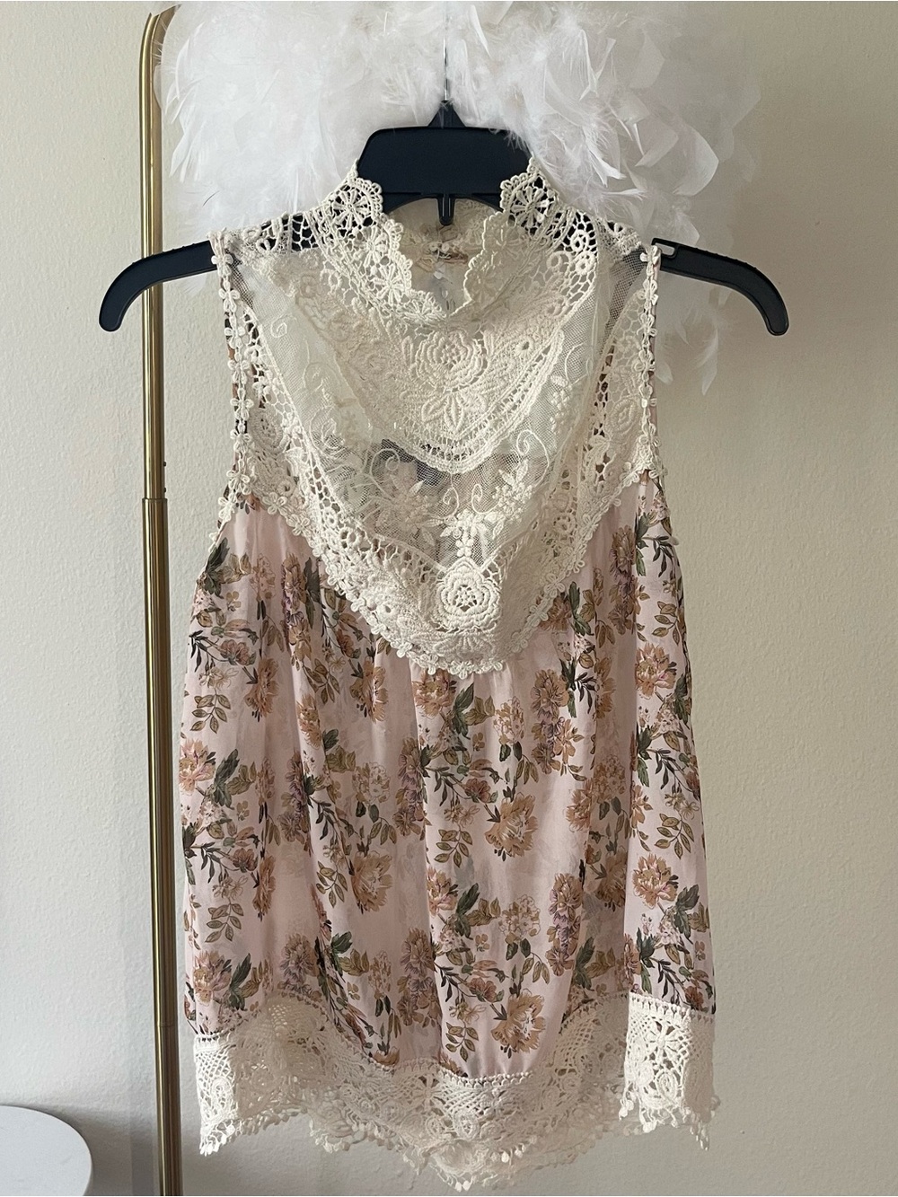 Mock neck crochet sheer lace neckline flowing top